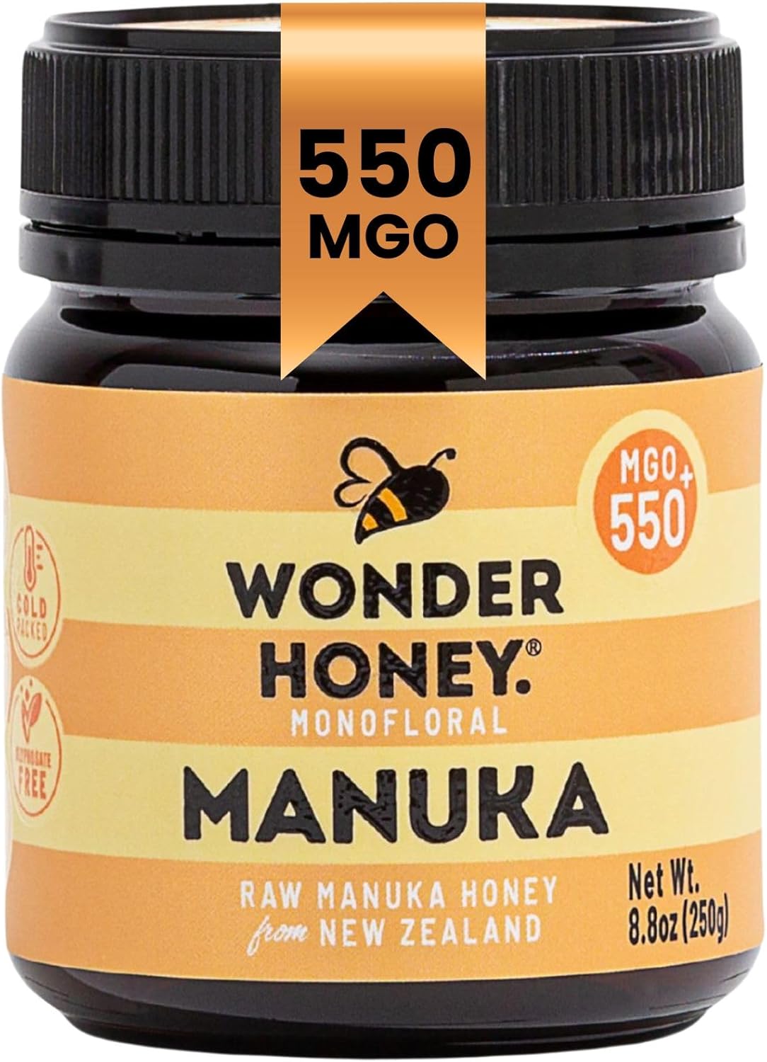 Wonder Honey Raw Manuka Honey New Zealand MGO550 (15+) Tested for 26 Markers, Traceable, Natural Soothing for Sore Throat, Cough - Aids Digestion - Triple Sealed for safety in a Protective Box (250g)