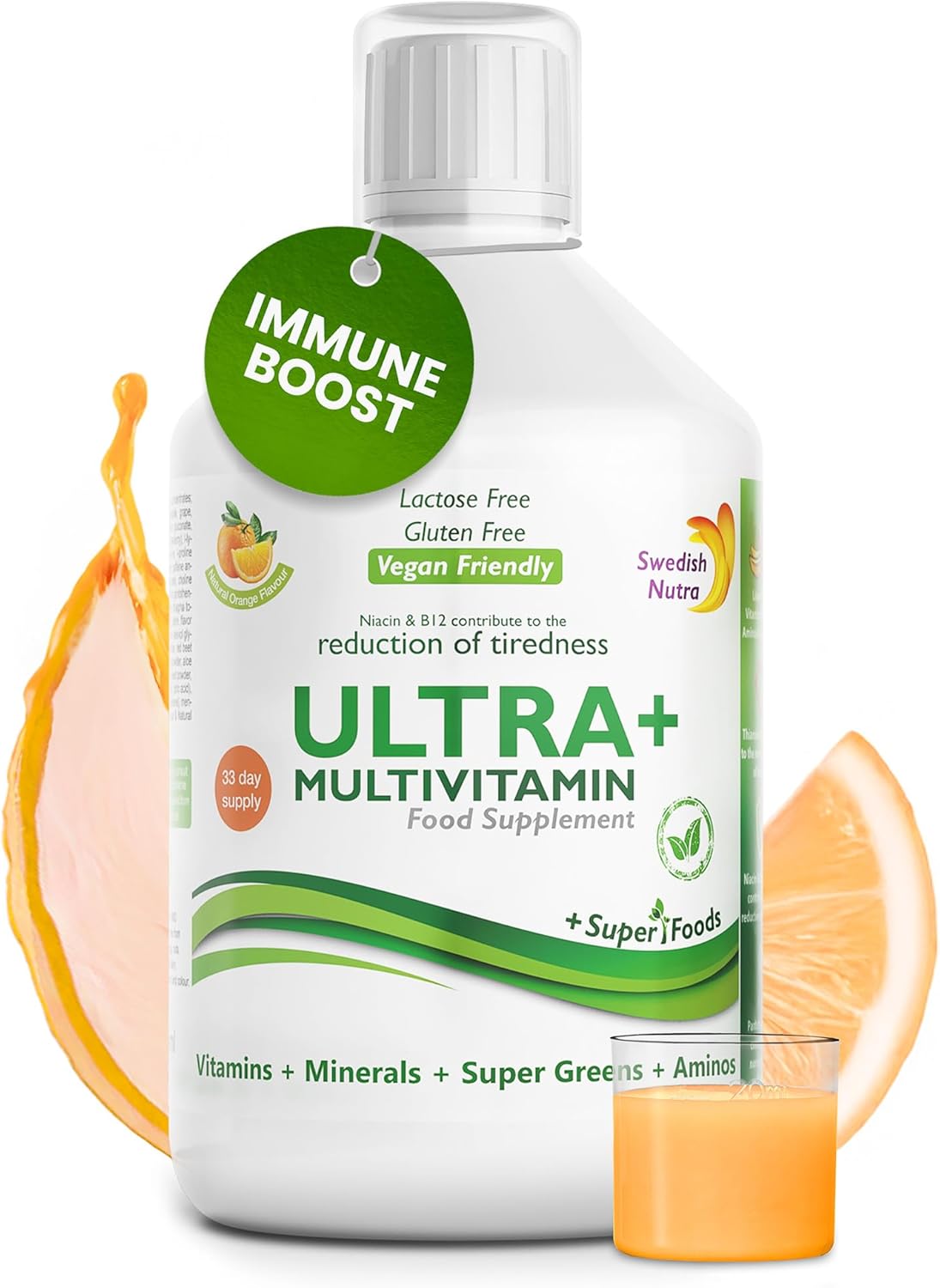 Swedish Nutra - Ultra+ Multivitamin Liquid Food Supplement - Pack of 500 ml, 33 Day Supply | Packed with Vitamins, Minerals, Super Greens & Aminos to Boost Energy & Immunity I Natural Orange Flavour