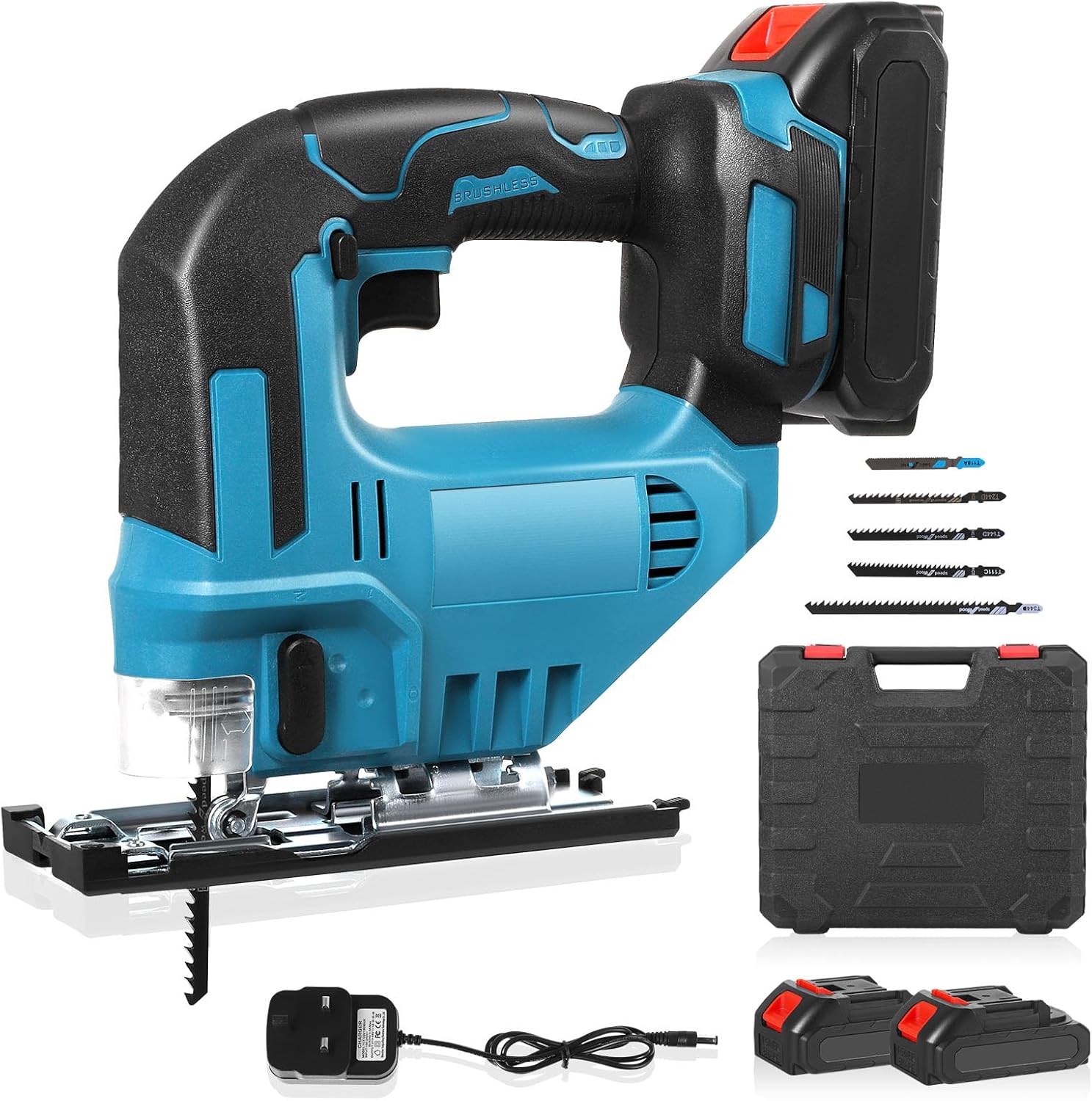 21V Cordless Jigsaw with 3 Orbital Setting, ±45°Bevel Cutting Angle, Speed Control, Tool-Less Blade Change for Metal Cutting, Electric Jigsaw for Wood Metal Cutting, 5 Blades & 2 Batteries & 1 Charger