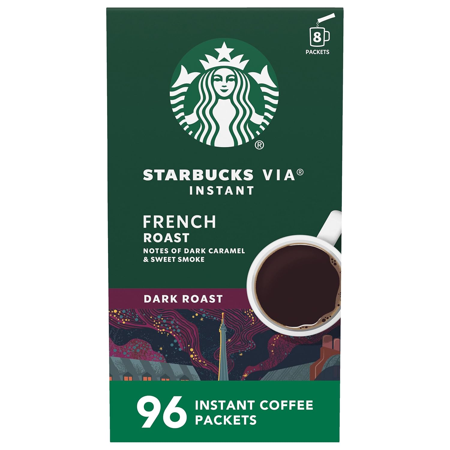 Starbucks VIA Instant Coffee Packets, Single Serve, Dark Roast Coffee, French Roast, 96 Packets ​