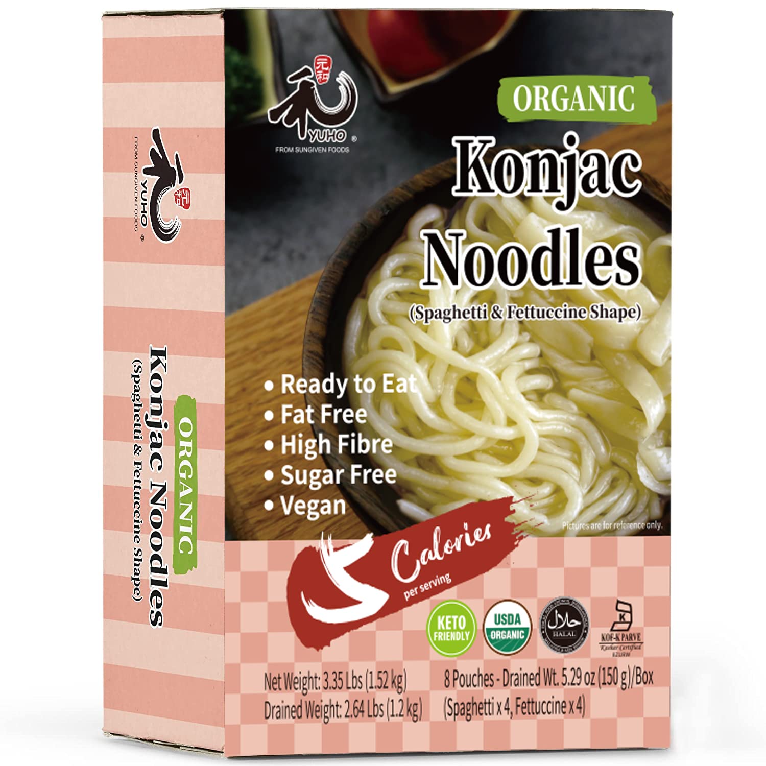 YUHO Organic Konjac Shirataki Noodles Spaghetti & Fettuccine 8 Pack Ready to Eat Oat Vegan Gluten Free Low Carb Calorie Sugar Free Plant-Based Soy Free Paleo and Keto Friendly 53.61 Oz Variety Pack