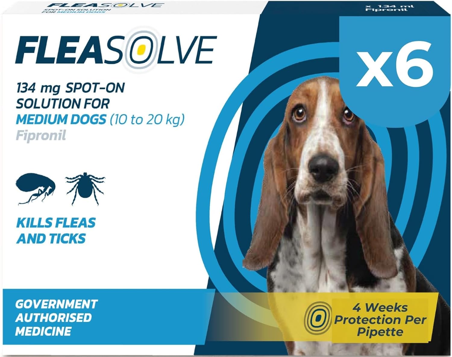 Dog Flea Treatment Medium Dog x 6 - Flea Treatment for Dogs Medium 10-20 kg - Spot-On Solution for Flea and Tick Control - FleaSolve 6 Pipettes, 6 Doses