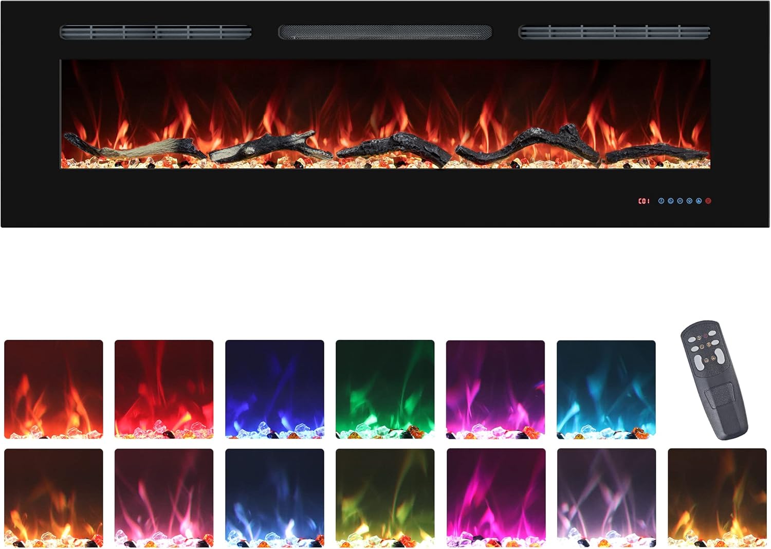 60'' Electric Fireplaces Inserts, Recessed & Wall-Mounted Fireplace Heater with Thermostat, Multicolor Flames,Timer, Log & Crystal, 750/1500W, Black