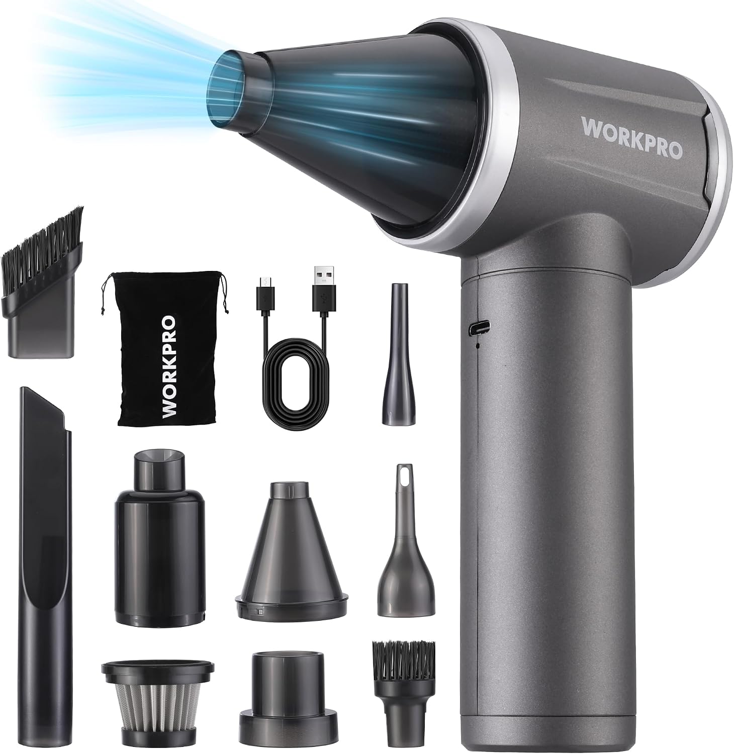 WORKPRO 2 in 1 Rechargeable Compressed Air Duster & Vacuum Cleaner | Cordless 4 Gear 120000 RPM, 6500 PA ,Handheld, Use for PC, Laptop, Keyboard, Electronics, Home Cleaning, Car