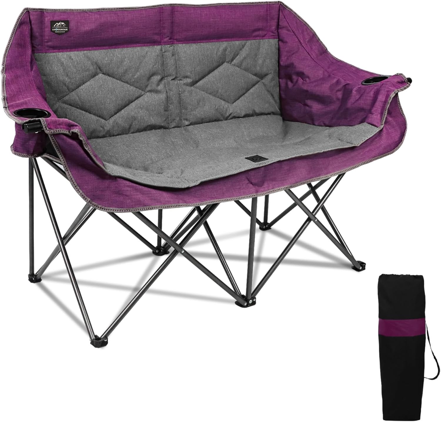 LANMOUNTAIN Folding Loveseat Camping Chair, Portable Double Chair w/Cup Holder,Wine Glass Holder,Carry Bag Heavy Duty Lawn Chair for 2 Adults,Perfect for Camp,Hiking,Picnics and Beach Trips,Purple