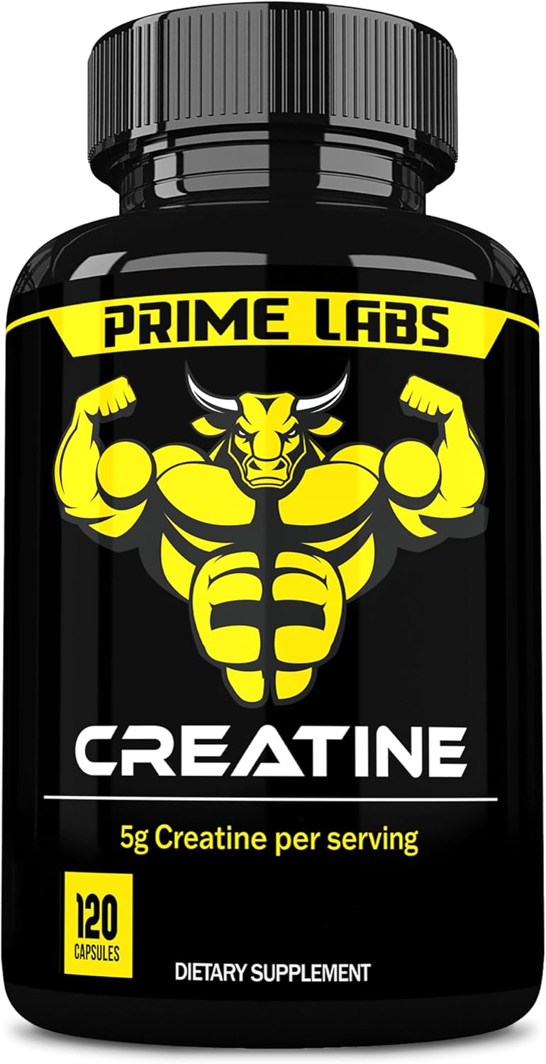 Prime Labs Creatine Pills - Creatine Monohydrate Capsules for Men & Women - 5g (5000mg) Pure Creatine per Serving - Muscle Growth, Muscle Recovery, Brain Function - Workout Supplement - 120 Count