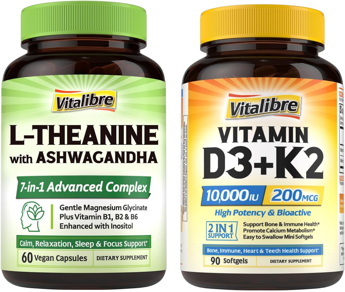 Vitamin D3 K2 10000 IU 90 Caps and L-Theanine 200mg Supplement 60 Caps