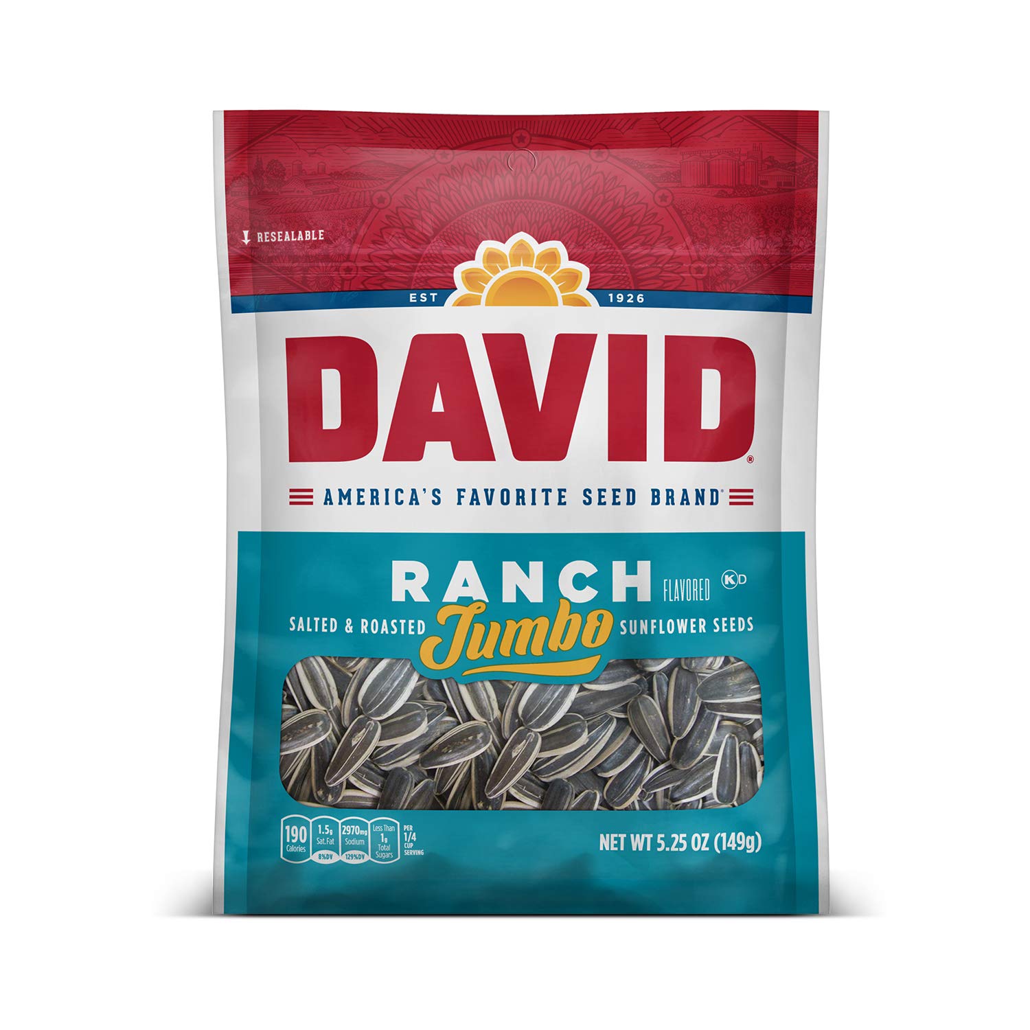 DAVID Roasted and Salted Jumbo Sunflower Seeds, Ranch Flavor, 5.25oz.