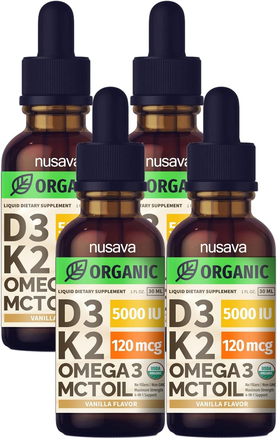 (4 Pack) Organic Vitamin D3 K2 Drops with MCT Oil & Omega 3 - Liquid Vitamin D3 5000 IU - K2 D3 Vitamin Supplement - Vitamin D Drops for Women & Men - No Fillers, Non-GMO, GMP, Vanilla (4 Fl Oz)