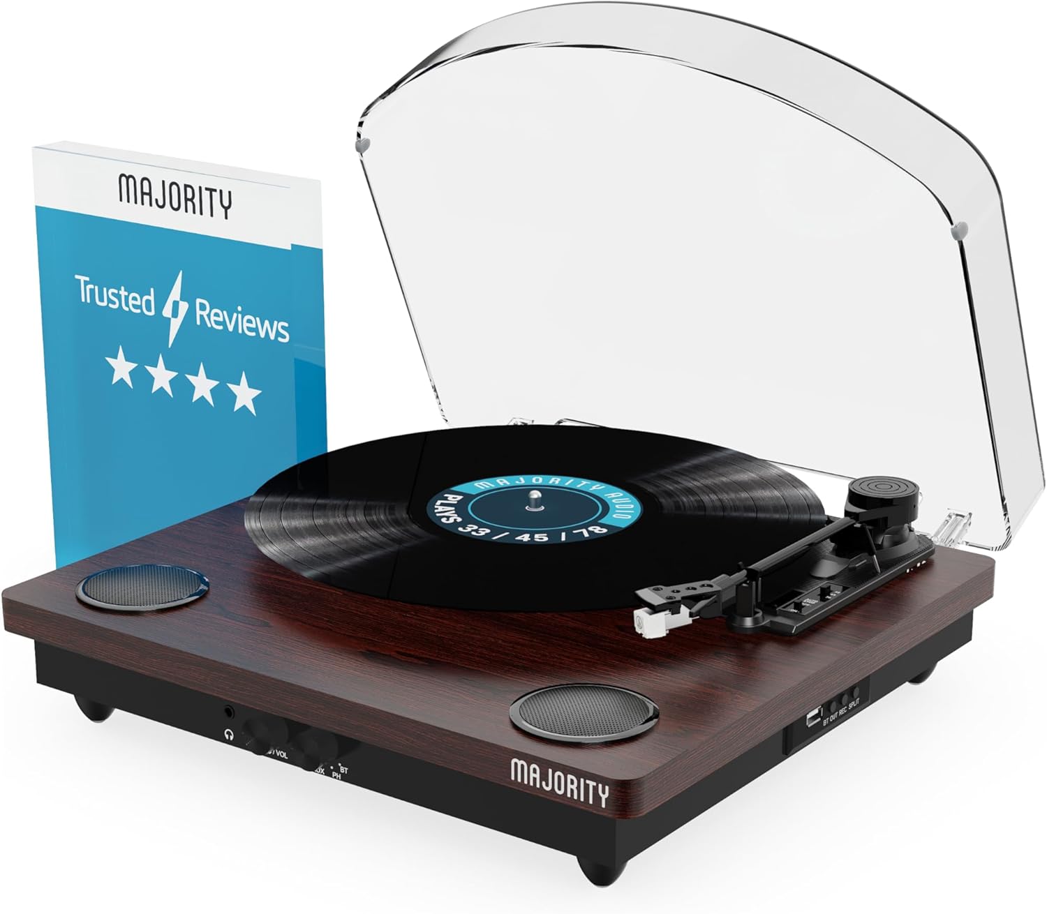 Vinyl Record Player with Bluetooth In & Out | Premium Cartridge | USB Recording | AUX Input and RCA Output | In-built Stereo Speakers | Slipmat Included | MAJORITY Moto (Walnut)