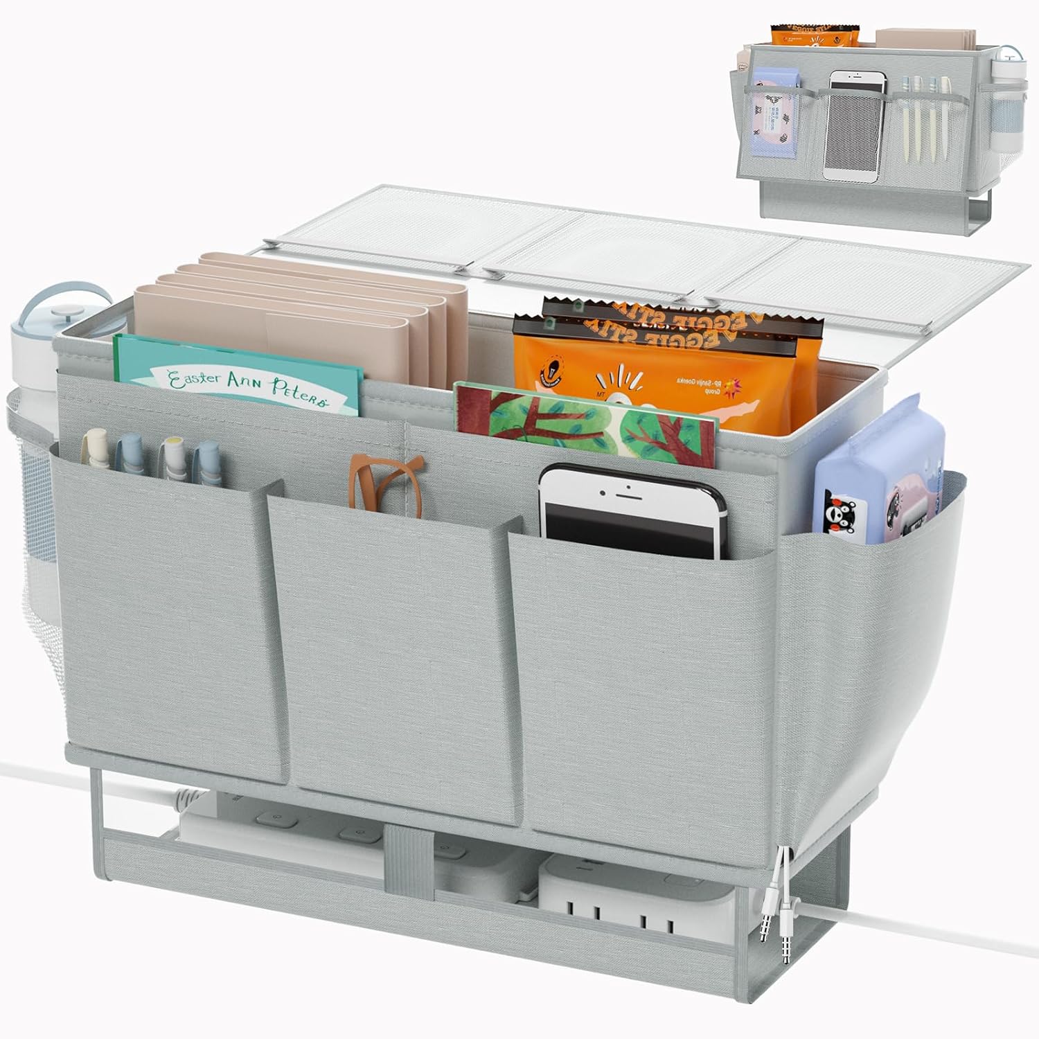 Bedside Caddy Bedside Organizer,Bed Caddy with 11 Pockets and Power Strip Holder,Versatile Bedside Storage Caddy for Home,Dorm,Bunk,Hospital,Crib Bed (Grey)