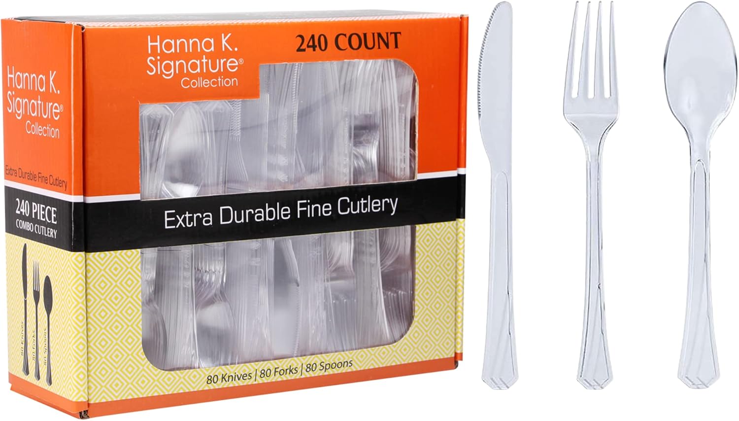 Hanna K. Signature 240 Count Plastic Silverware Heavyweight Clear Combo, Disposable Flatware Crystal Clear Elegant Cutlery