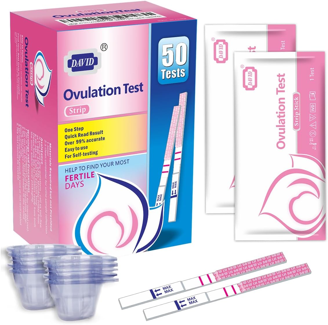 DAVID Ovulation Test Strips, 50 LH Ovulation Predictor Kit with 50 Urine Cups, Accurate Fast Result High Sensitivity Home Test Fertility Test for Women