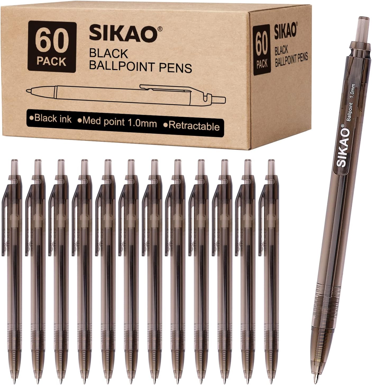 Black Pens Bulk, Box of 60 Pack Black Ink Pens Ballpoint Smooth Writing Pens No Smudge, Retractable Ball Point Pens Medium Point, Click Pens, Server Pens for Waitress, School Office Supplies