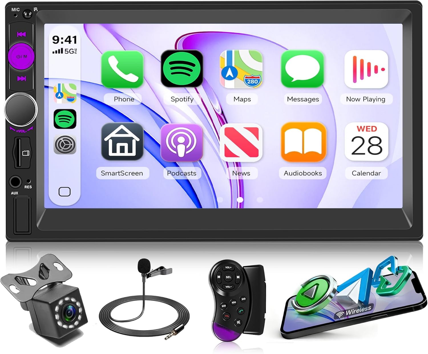 Rimoody Wireless CarPlay Double Din Car Radio, 7 Inch HD Capacitive Touchscreen with Wireless Android Auto, Mirror Link, Bluetooth 5.3, SWC, USB/TF/AUX, EQ, UI Remote Control + HD Backup Camera