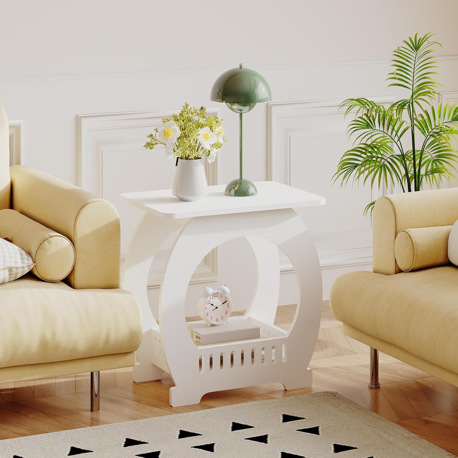 Dripex 2-Tier Side End Table with Storage Shelf Basket, White Small Bedside Table, Slim Arch Narrow Nightstand Small Spaces for Living Room, Bedroom, Bathroom, Balcony