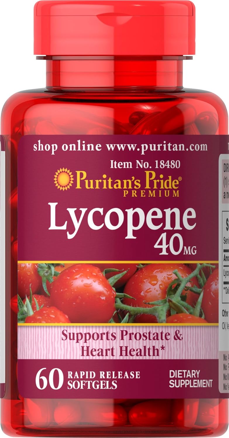 Puritan's Pride Premium Lycopene 40mg, Dietary Supplement for Prostate, Antioxidant, Heart Health, and Overall Health Support, 2 Month Supply, 60 Rapid Release Softgels