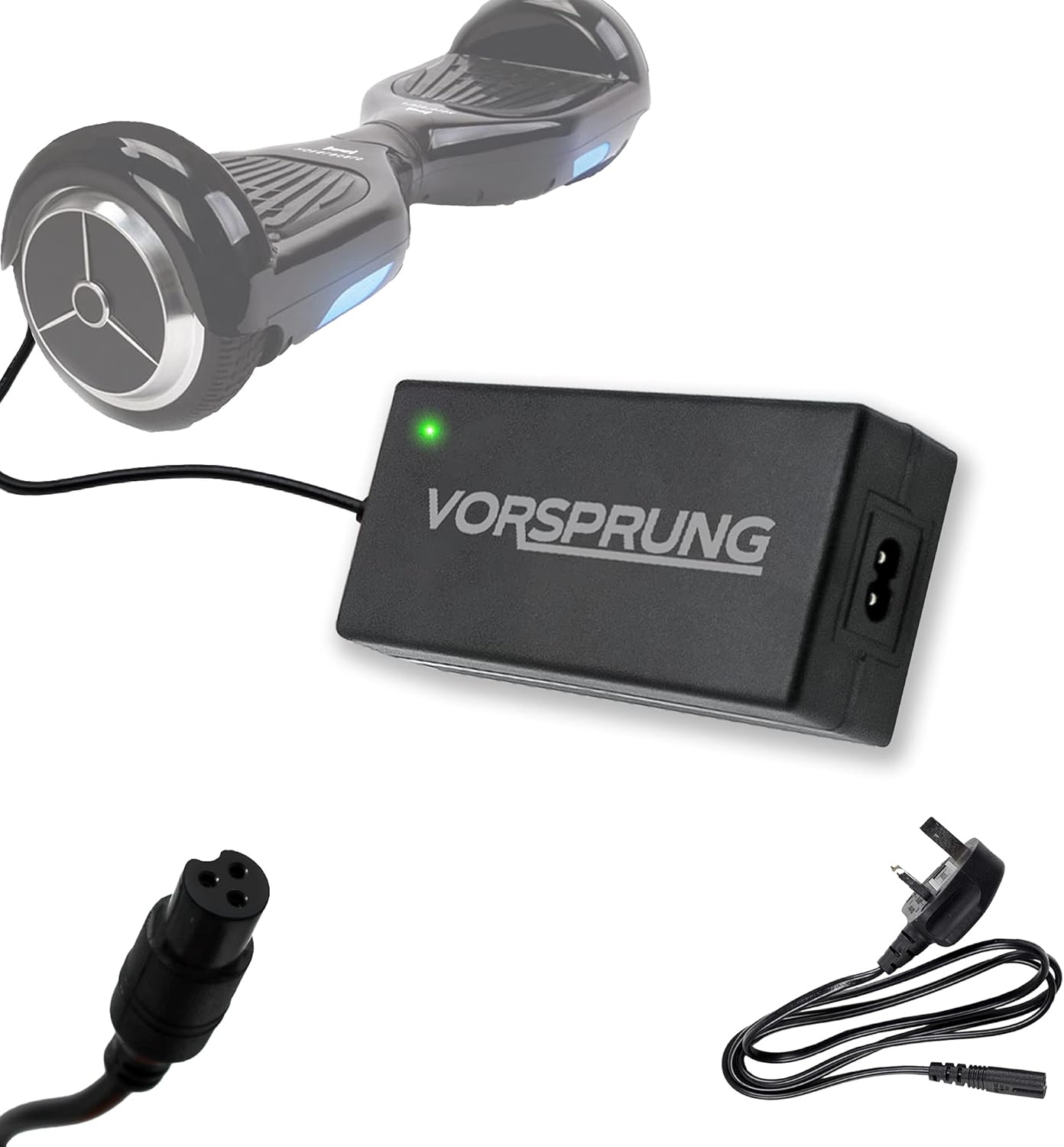 VORSPRUNG® Rapid Hoverboard (Self-Balancing) & Scooter Charger with LED Indicator, Suitable:Segway,Hausebell Bluefin Ameritoy Powerboard WeeCoo Coolreall LeRay Fiturbo -42V 2Amp AC (3 Pin to UK Plug)