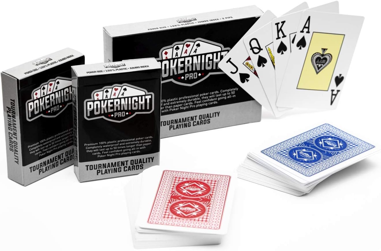 Poker Night Pro Texas Hold Em Poker Cards - 2 Decks of Professional Waterproof Plastic Playing Cards UK | (1 x Red/1 x Blue) | 54pcs Per Deck | 2 Jokers | Jumbo Index | Casino Quality