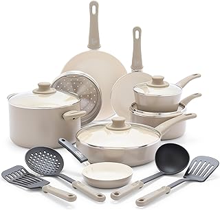 GreenLife Soft Grip 16 Piece Cookware Set, Non-Toxic PFAS-Free Ceramic Nonstick, Frying, Sauce, Saute, Utensils, Glass Lids, Stay-Cool Handles, Wobble Free, Dishwasher & Oven Safe, Taupe