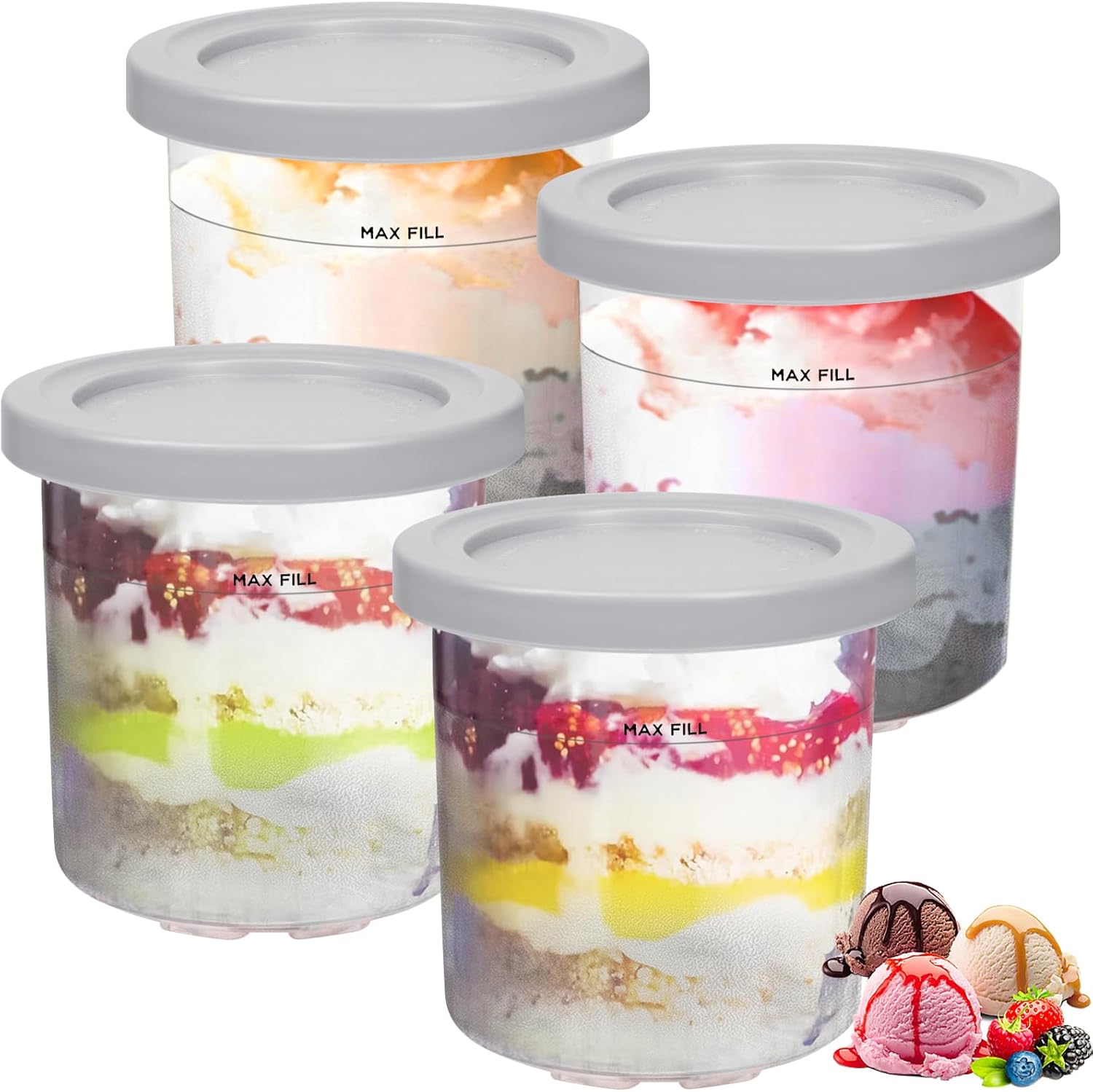 GINOYA Ice Cream Tubs for Ninja NC300UK, Containers with Lids, 4pcs Pint Accessories Compatible with Ninja Ice Cream Maker NC300UK (Grey, Not Suitable for Deluxe NC501)