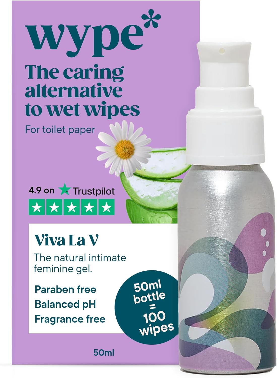 Wype | Viva La V | Intimate Wipes Alternative | Toilet Roll Gel | Gynaecologically Approved, Feminine pH Balanced, Lightly Scented with Rose & Geranium | COSMOS Organic | 100 Wipes | 50ml