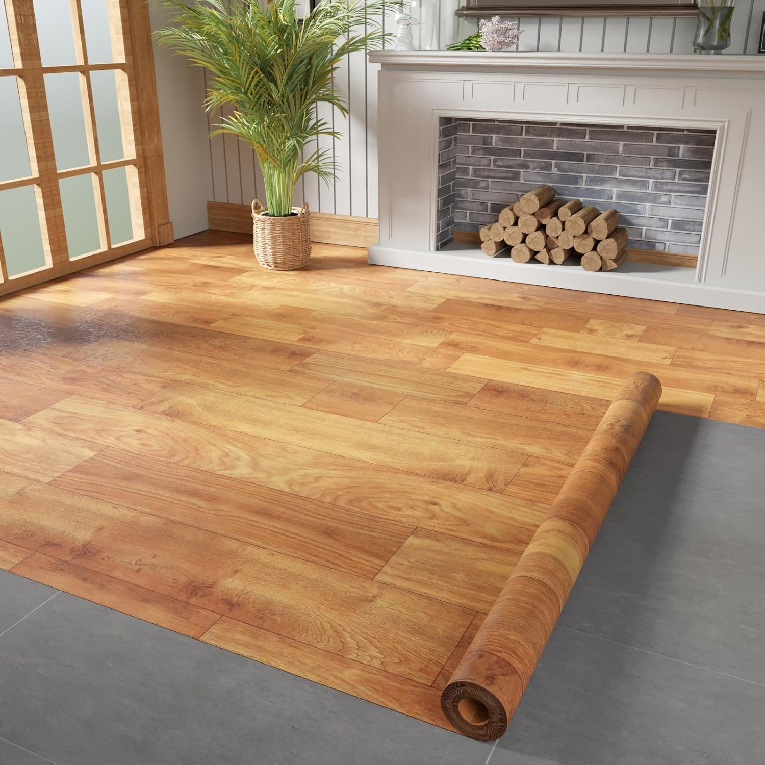 Oxdigi Vinyl Flooring Roll 53 sq.ft | 3'4"W x 16'5"L, PVC Leather-Like Linoleum Floor Covering, Waterproof Durable Heavy Vinyl, Easy to Install with Tape, Removable- No Adhesive Backing, Natural Oak