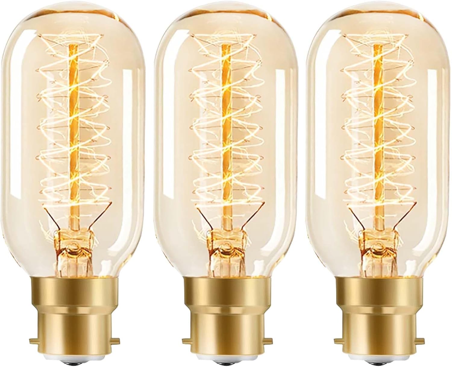 40W B22 Vintage Bayonet Light Bulb Warm White，Edison Light Bulb Dimmable Incandescent Bulbs，Spiral Retro Filament Bulbs Amber Glass Lamp，T45 Tube Spiral Decorative，Pack of 3.