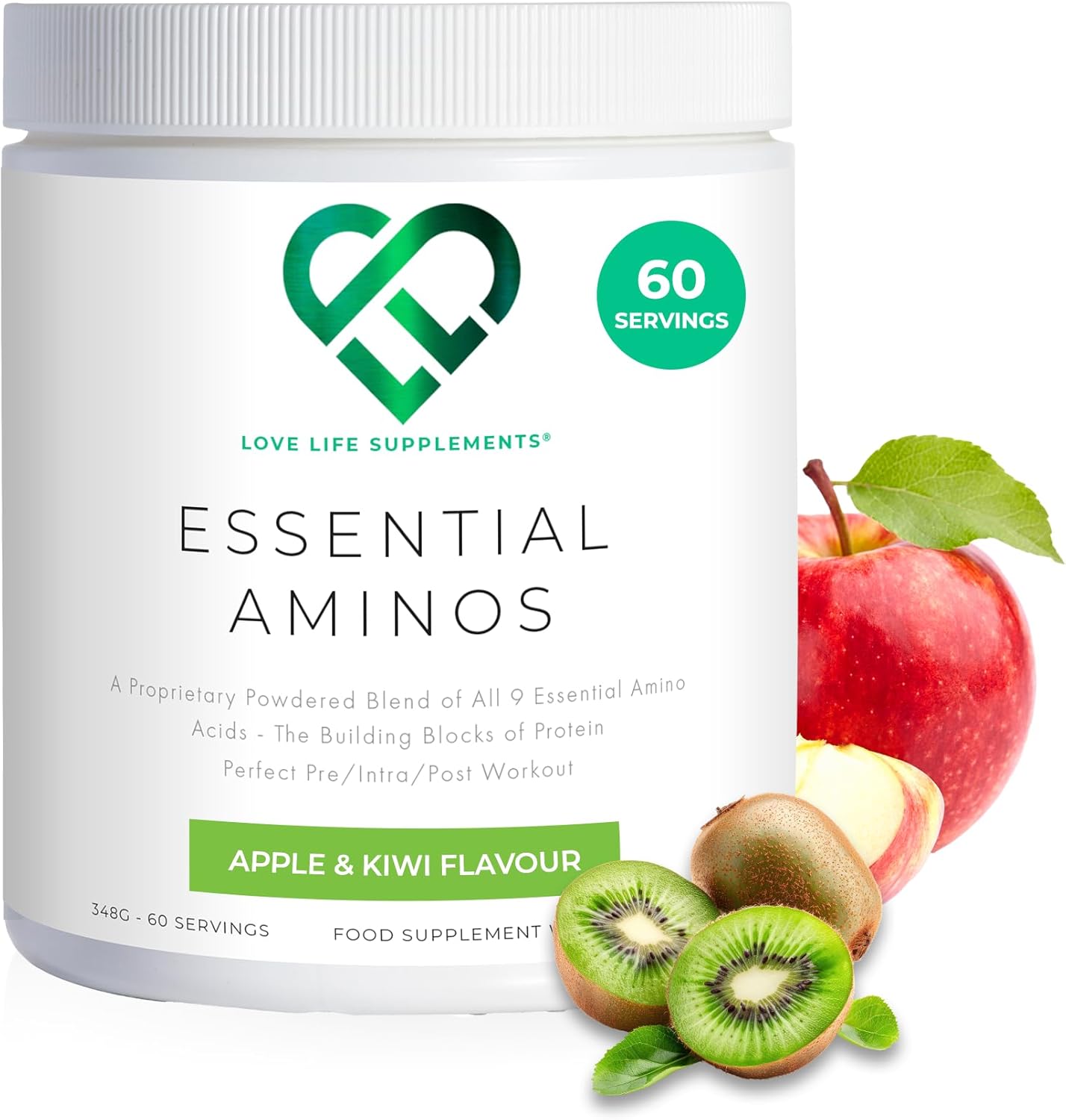 Love Life Supplements EAA Amino Acids Powder, All 9 Essential Amino Acids Including BCAA's and 2 Grams of Leucine per Serving, Apple & Kiwi Flavour, 348g - 60 Servings (5g of EAA's per Serving)