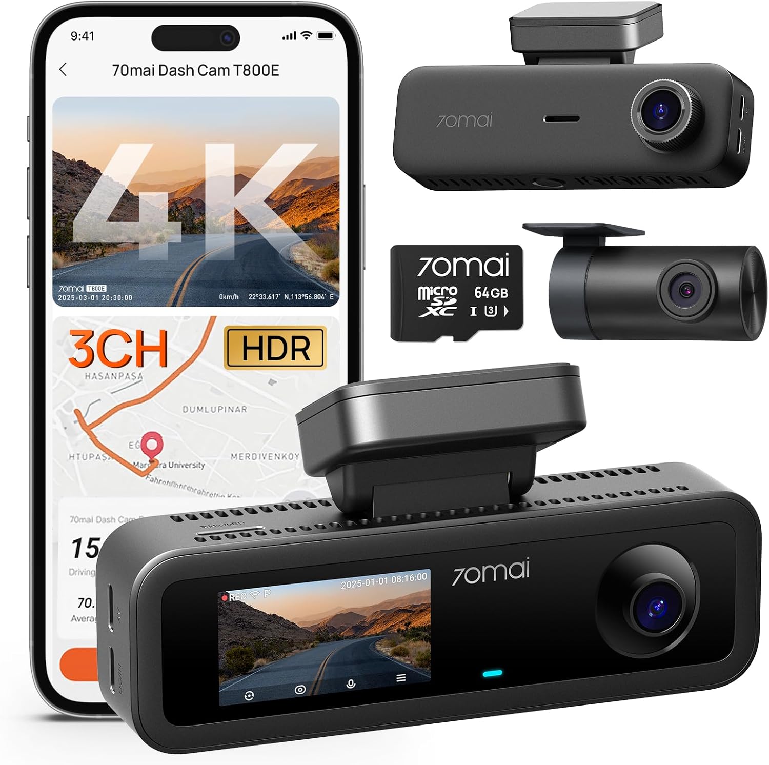 70mai 4K Dash Cam Front and Rear Inside, 3 Channel Car Dash Camera for Cars, Dashcam with GPS, Wi-Fi 6, Voice Control, Parking Monitor, Night Vision, Loop Recording, 64GB SD Card Included (T800E)