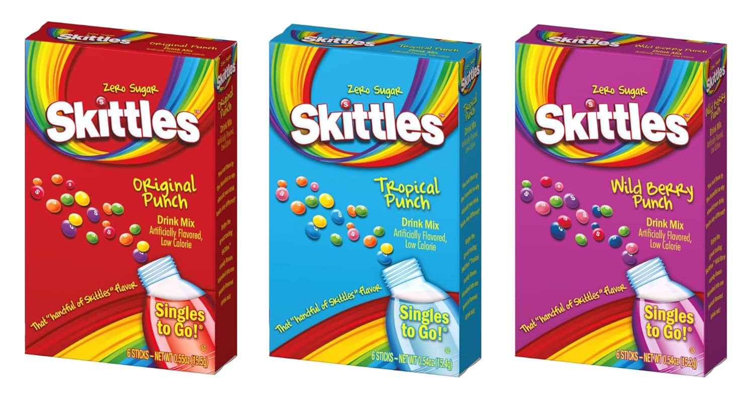 Skittles Singles To Go Drink Mix Variety Pack Bundle Original Punch, Tropical Punch and Wild Berry Punch - 3 boxes with 6 Packets in Each Box 18 Total Servings