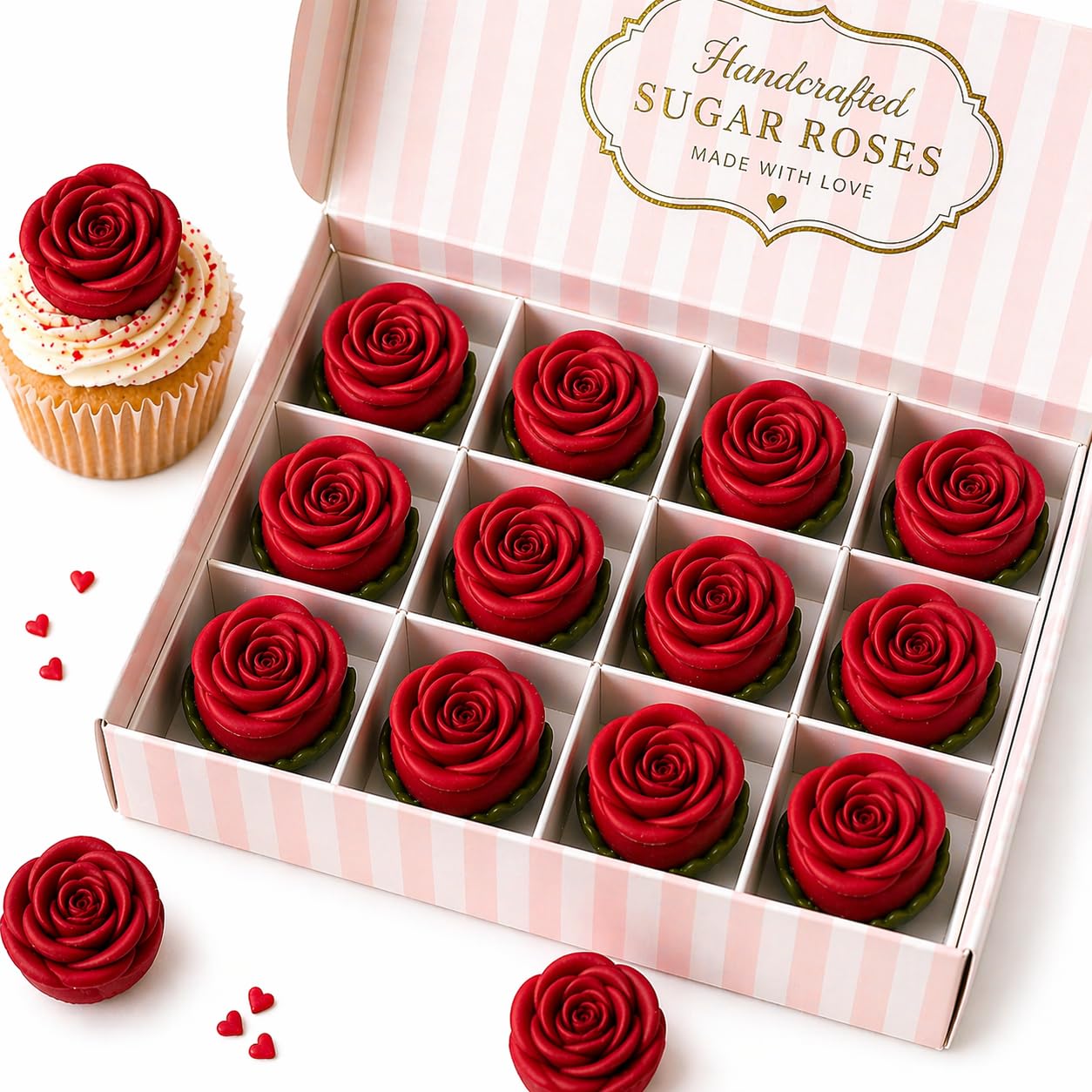 Confect Edible Red Rose Toppers – Pack of 12 Christmas Cake Decorations for Cupcakes, Cakes & Donuts – Vegan, Gluten-Free, Dairy-Free, Palm Oil-Free
