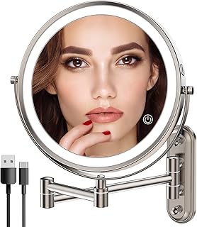 Two-Fingers-Width Narrow Base Rechargeable Wall Mounted Lighted Makeup Mirror,3 Color Lights Dimmable Touch Screen,8 Inch LED Double Sided 1X/10X Magnifying Mirror 13 Inch Retractable