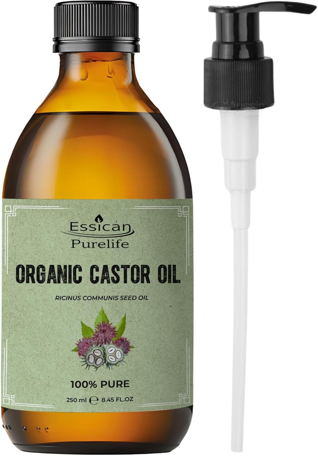 Essican Purelife Organic Castor Oil in Glass Bottle with Pump 250ml - 100% Pure Castor Oil Organic, Hexane Free For Hair Growth, Cold-Pressed, Nourish Skin, Eyelashes