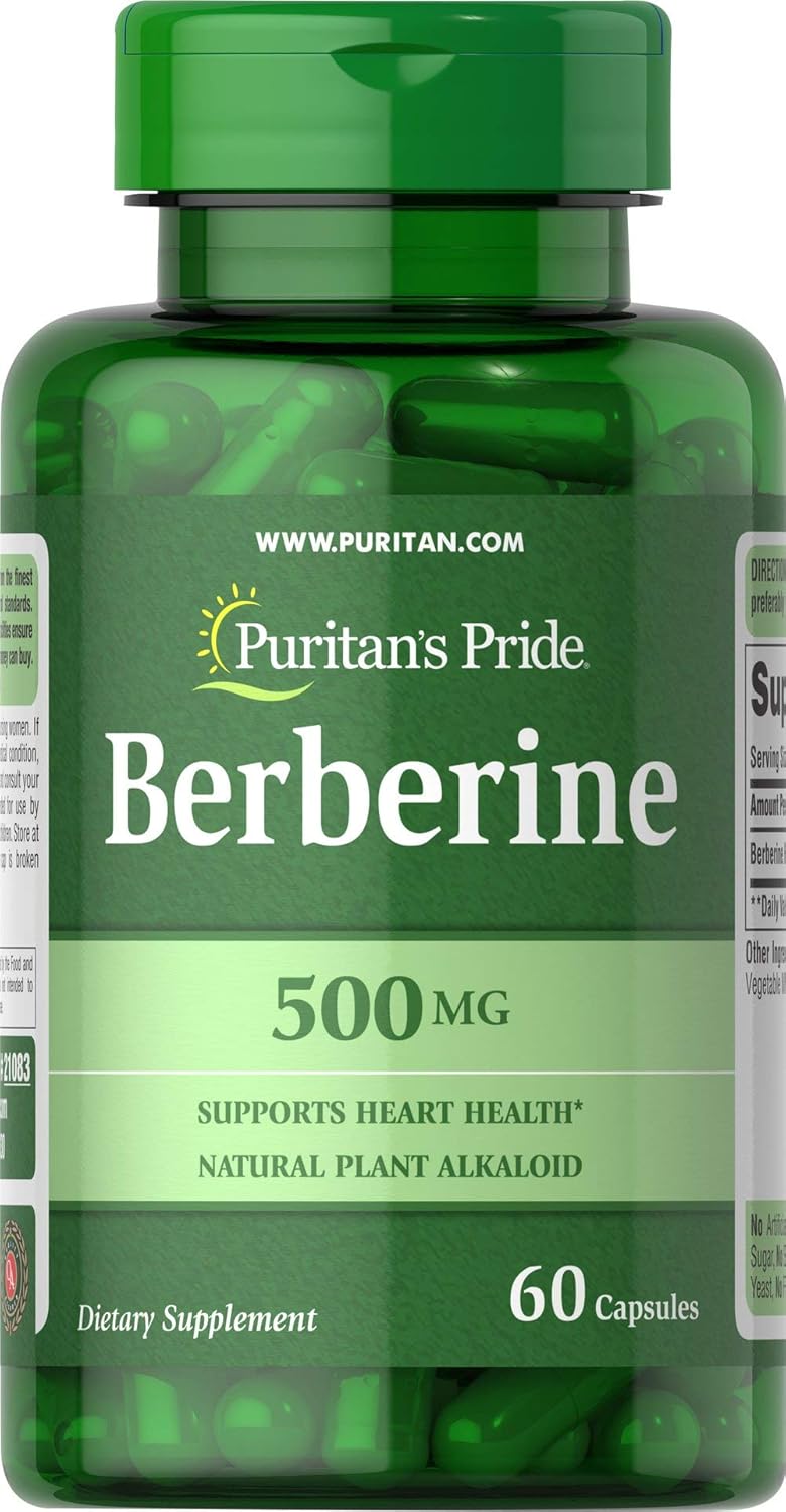 Puritan's Pride Berberine 500 mg, Dietary Supplement Support for Heart Health, Weight Loss, Suport Blood Sugar and Cholesterol, 1 Month Supply, 60 Capsules