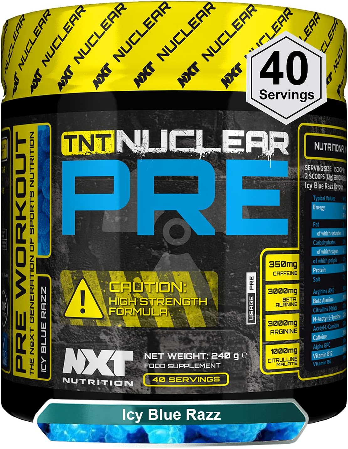 NXT Nutrition TNT Nuclear Pre Workout – Pre Work Out Energy Drink| L-Citrulline, Beta Alanine, Caffeine for Pump, Endurance & Focus - 40 Servings Mixed Candy, Vegan (ICY Blue Razz)