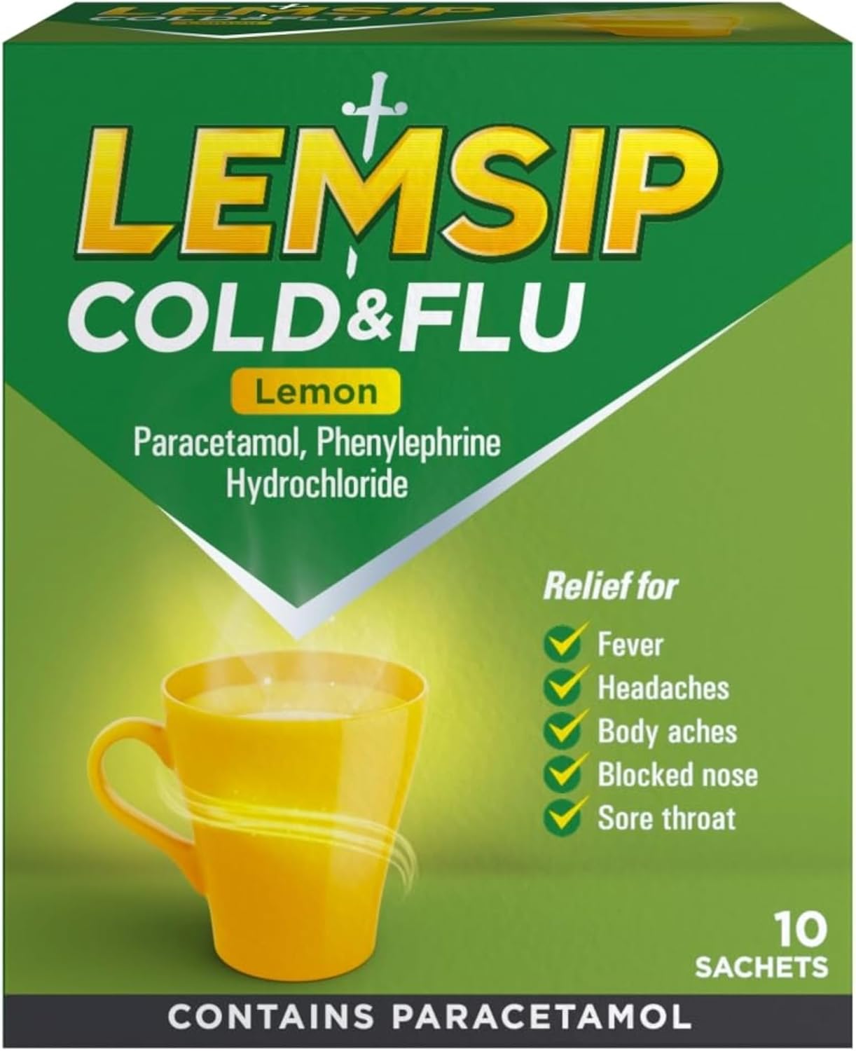Lemsip Lemon Sachets 10 Pack - Paracetamol For Headache, Blocked Nose, Sore Throat, Fever, Decongestant Medication Providing Complete Cold & Flu Relief