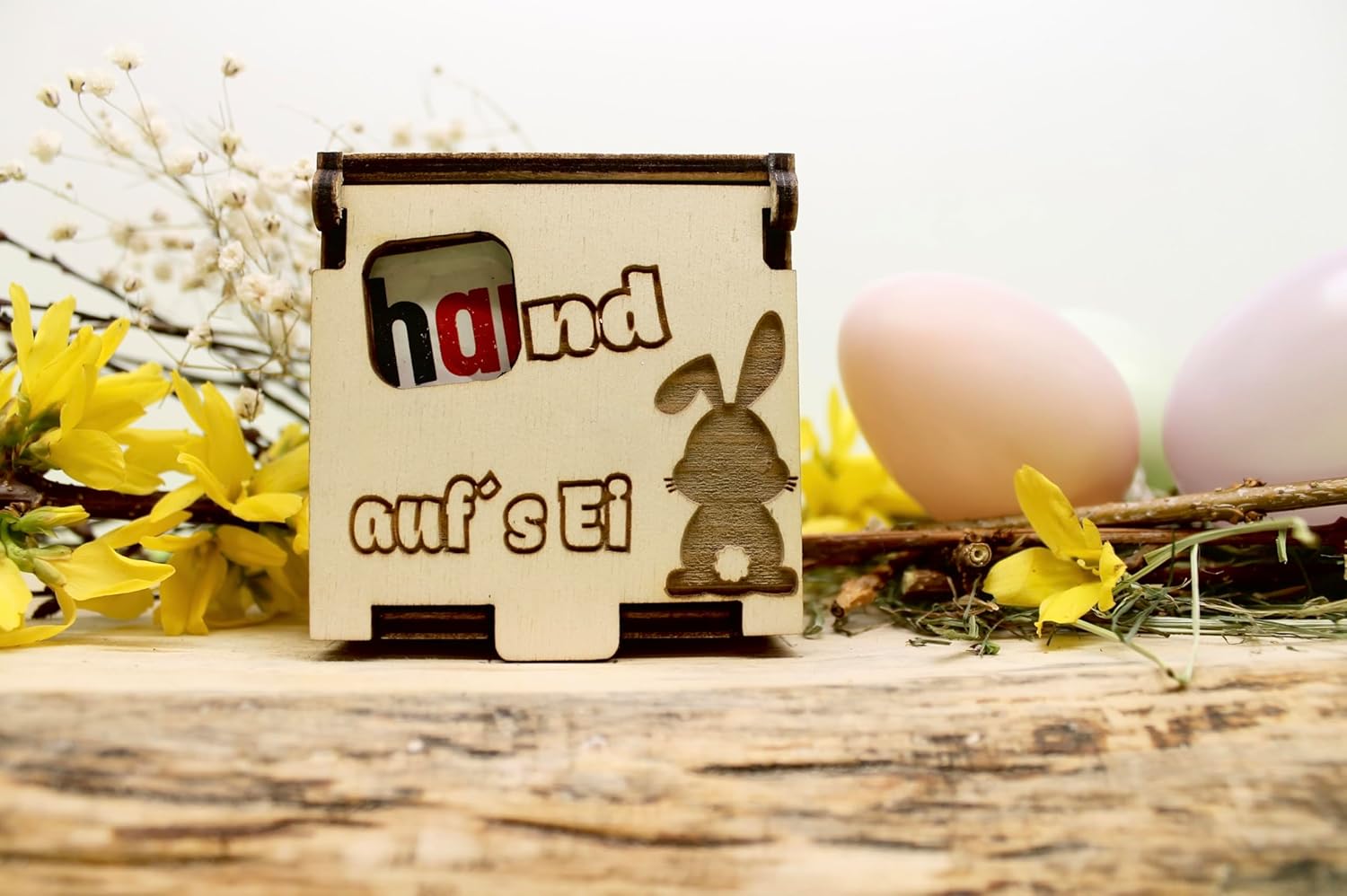 Generisch Hand on Egg - Easter Gift Box - Wooden Box for Hanuta - Easter Greeting - for Friend - Woman - Man - Children - Just Like - Aunt - Uncle - Mum - Dad (Hare 1)