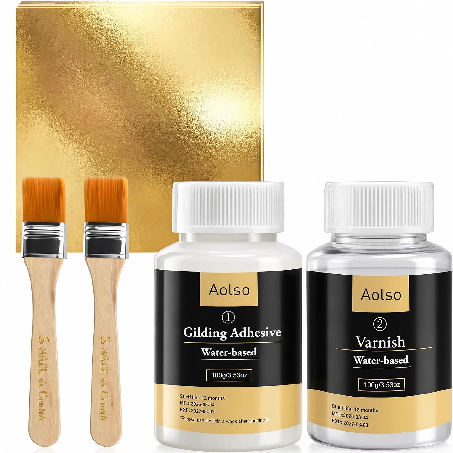 Aolso Gold Leaf Gilding Adhesive Set, 100ml Water Based Metal Leaf Glue and 100ml Varnish for Craft, Golden Leaves Sheets 100 pcs, 2 Brushes, Gold Leaf Kit for Craft, Painting and Arts