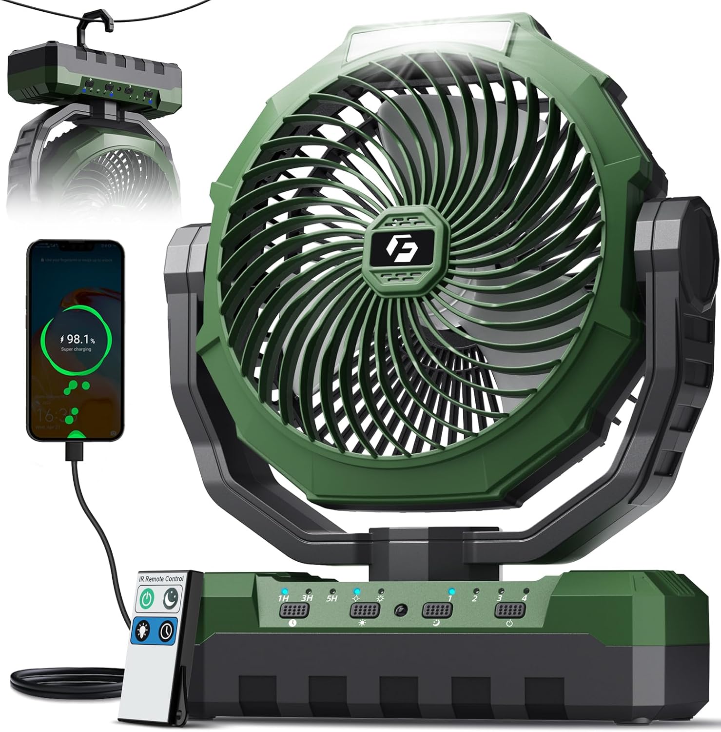 FRIZCOL 3-in-1 Camping Fan - Portable Fans Rechargeable - 24000mAh Battery Powered Fan(140Hrs) with Light & Remote for Indoor, Outdoor, Tent, Travel, BBQ, Fishing, Jobsite - Green