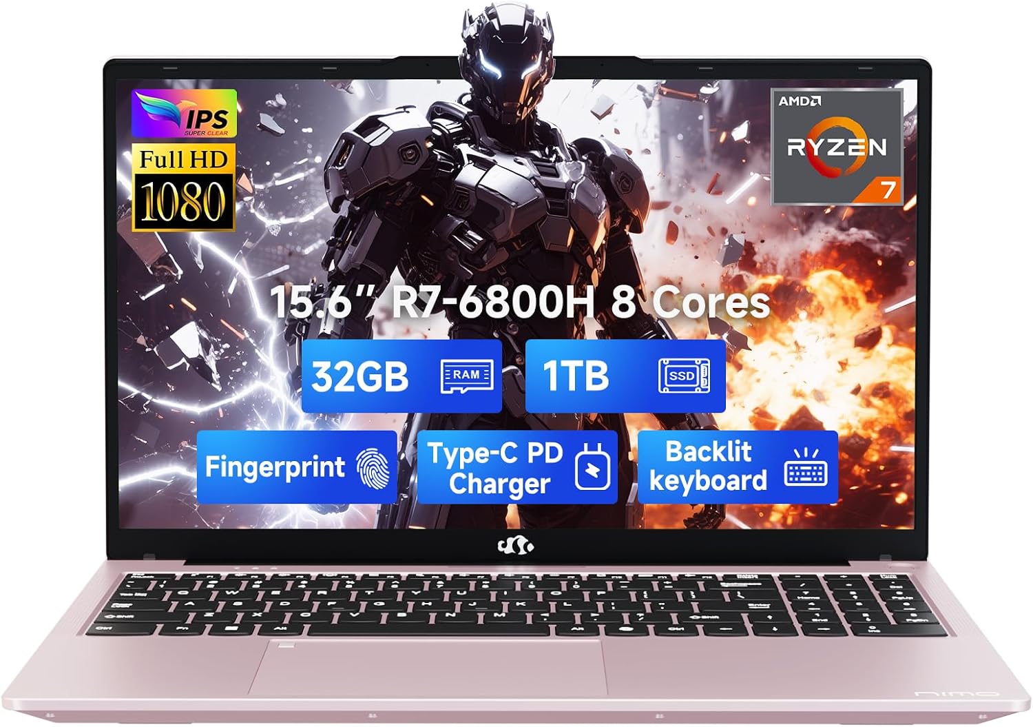 NIMO 15.6" IPS FHD-Gaming-Laptop, 8 Cores AMD Ryzen 7 6800H 32GB DDR5 RAM 1TB SSD (Beat i7-12700H, Up to 4.7GHz) AMD Radeon 680M GPU-Computer with 100W GaN Type-C Backlit Keyboard Fingerprint