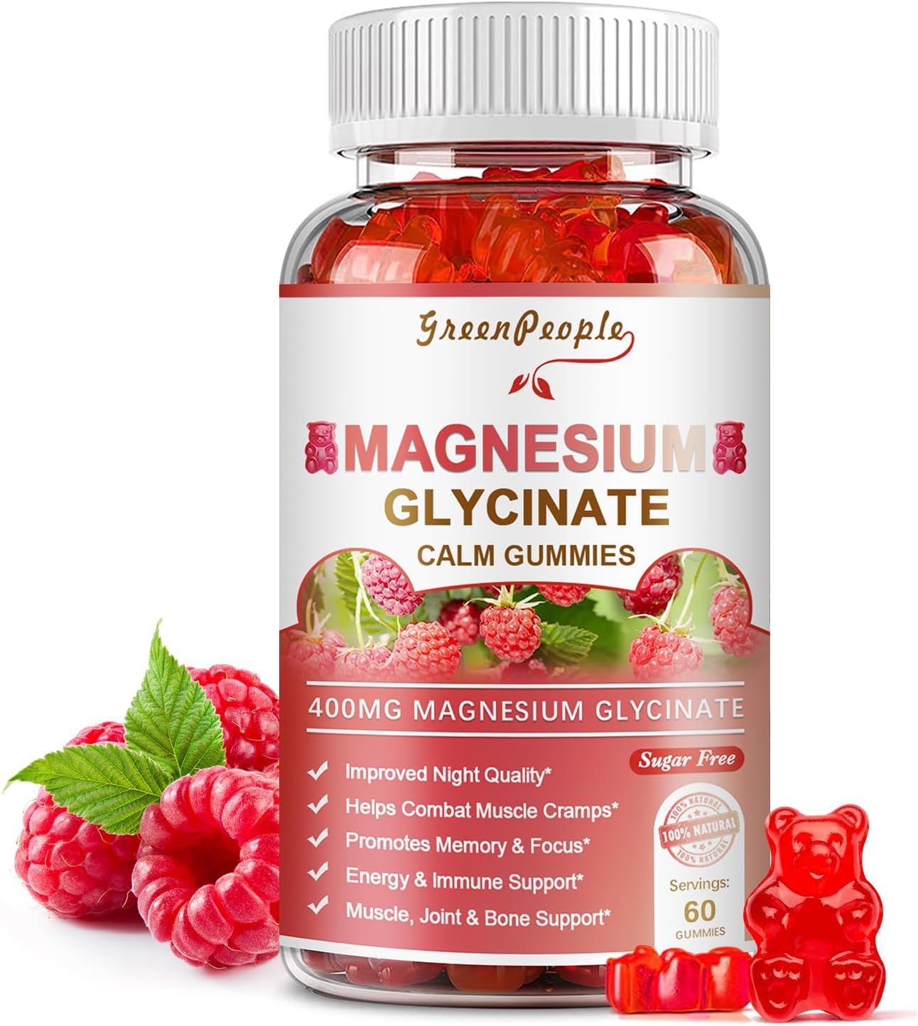 Magnesium Glycinate Gummies 400mg - Sugar Free Magnesium Potassium Supplement with Magnesium Malate, Vitamin D, B6, and CoQ10 for Calm Support & Sleep for Adults - Raspberry Gummies