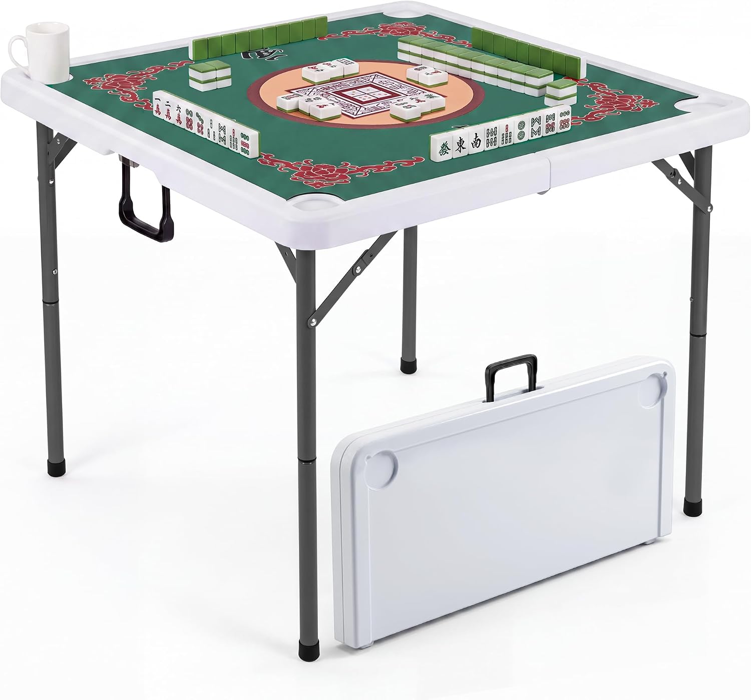 35" Square Mahjong Table, 4 Player Portable Folding Card Table with Green Tabletop & 4 Cup Holders, Durable HDPE Material, Removable Legs for Easy Storage, White