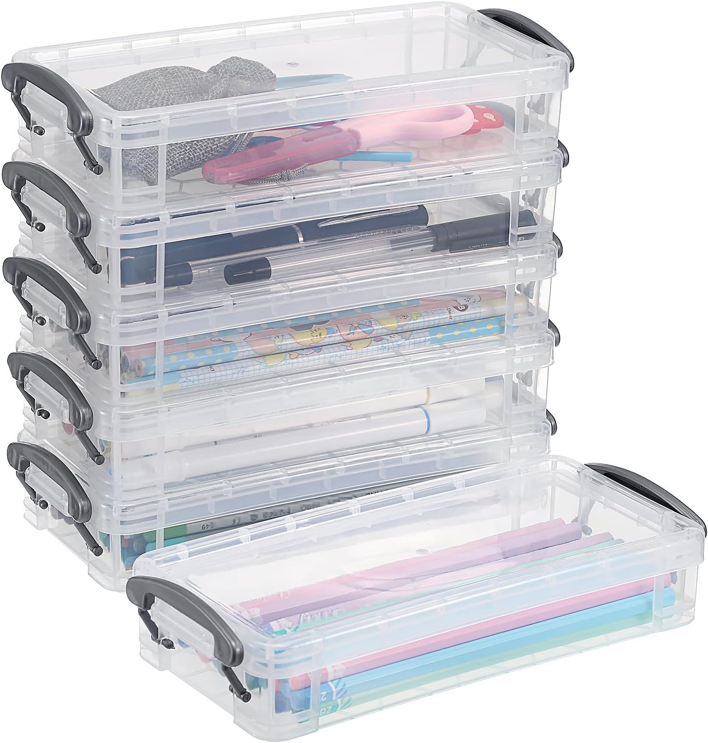 BTSKY 6 Pack Stackable Translucent Pencil Box - Office Supplies Storage Organizer Box, Brush Painting Pencils Storage Box Watercolor Pen Container Drawing Tools