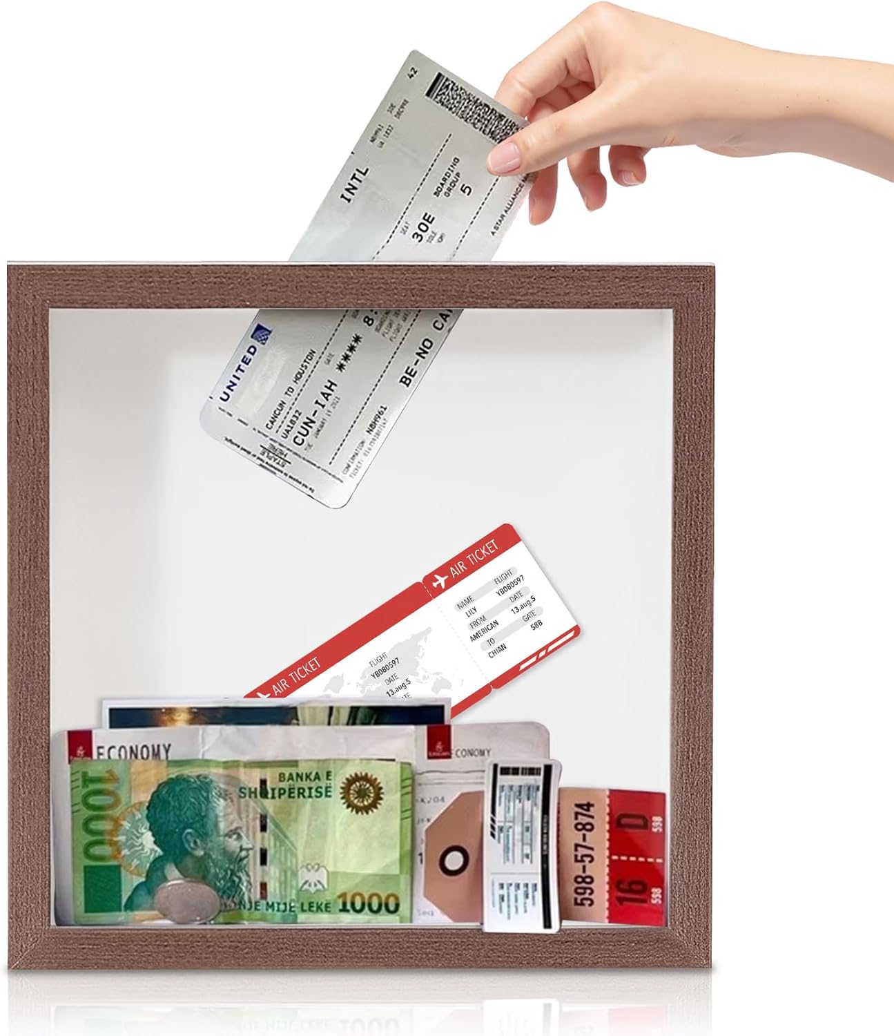 Travel Memory Box, 11.42 Inch Wood Shadow Box Frame Travel Adventure Archive Box Travel Concert Ticket and Film Stub Collection Storage Box Display Case