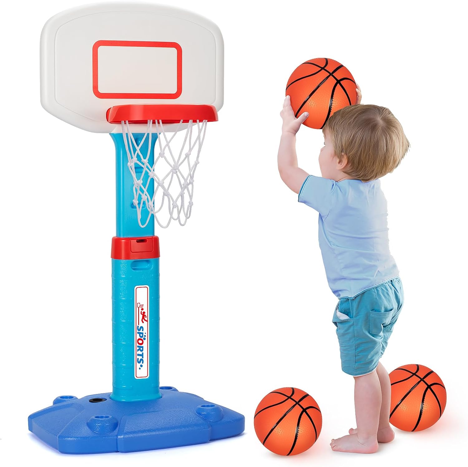 LACCHOUFEE Basketball Hoop Indoor Outdoor Toys for Toddlers 1-3, Kids Basketball Hoop with 3 Balls, Adjustable Mini Basketball Goal, Birthday Sports Toys Gift for Baby Boys Girls Age 1 and Up - Blue