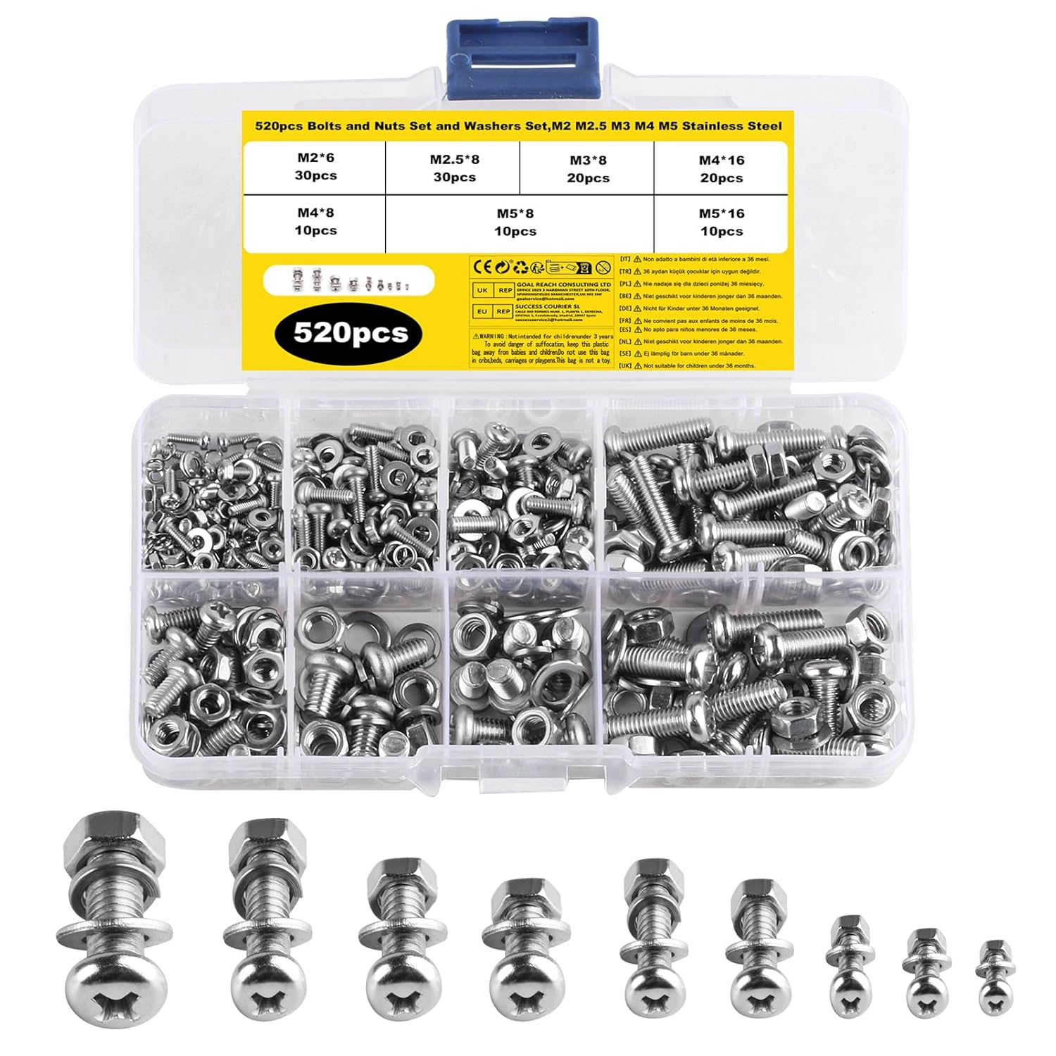 Stainless Steel Cross Pan Head Screws Bolts Nuts Washers Set, Assorted M2-M5 Nuts and Bolts