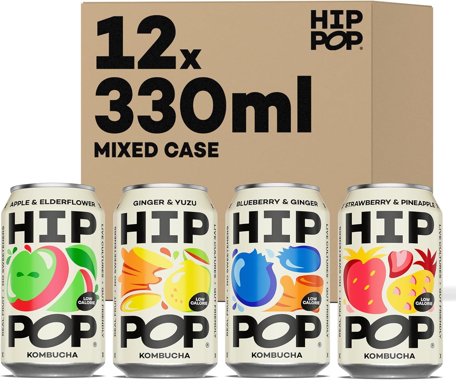 Hip Pop Kombucha, Low Calorie, 100% Natural, Vegan, Mixed Flavour Case, Branding of Cans May Vary, 12 x 330 ml