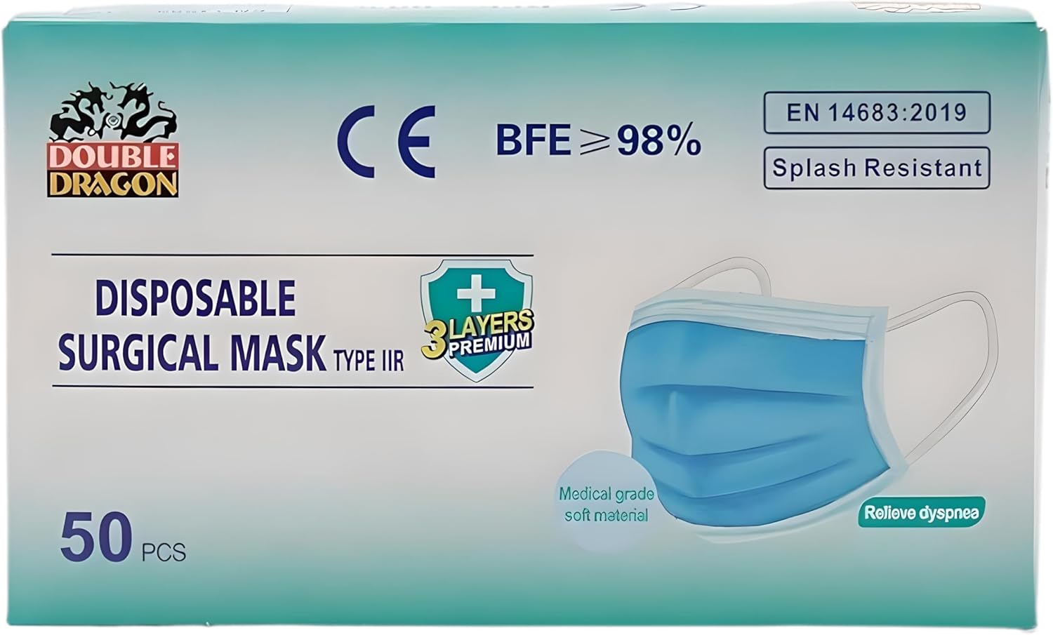 Double Dragon British Brand 3-Ply Type IIR Disposable Surgical Face Mask | EN14683:2019 Certified | 98% Filtration, Fluid-Resistant, Medical-Grade Mask with Black Ear Loops – Pack of 50
