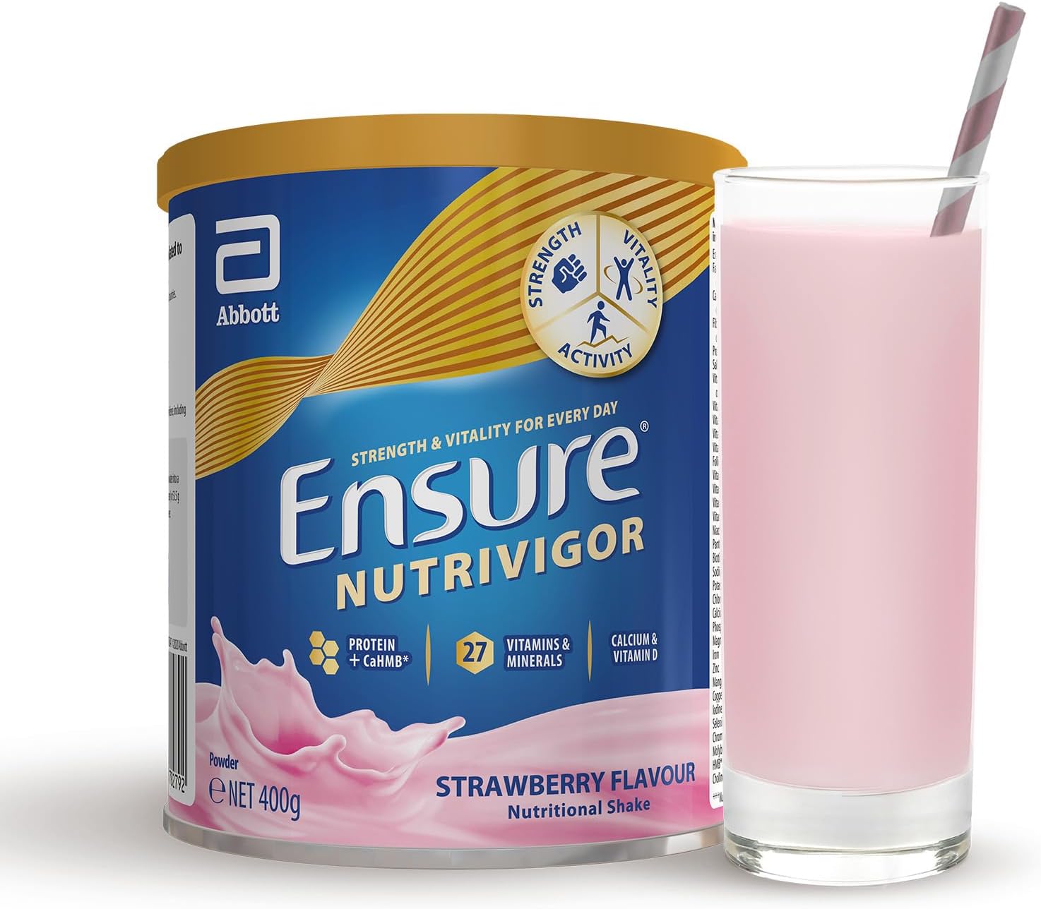 Ensure NutriVigor Nutritional Shake – Strawberry Flavour – 400g – Food Supplement with Protein, HMB & 27 Vitamins & Minerals – Supports Strength, Energy & Immunity – With Vitamin D, C & B